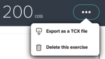 Fitbit-dashboard met een pop-upmenu met de optie om de training te exporteren of te verwijderen